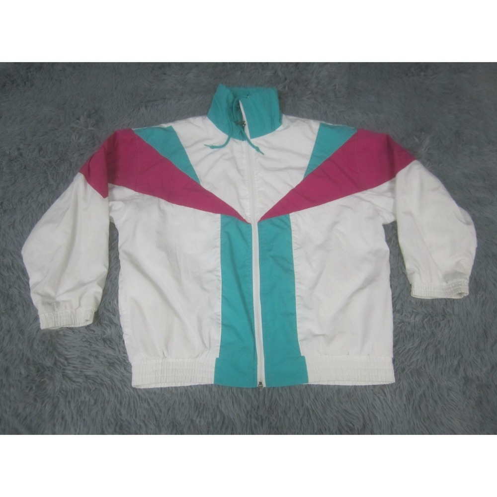 Lavon Womens Medium White Pink Green Retro Zip Up Windbreaker Cotton‎ Blend